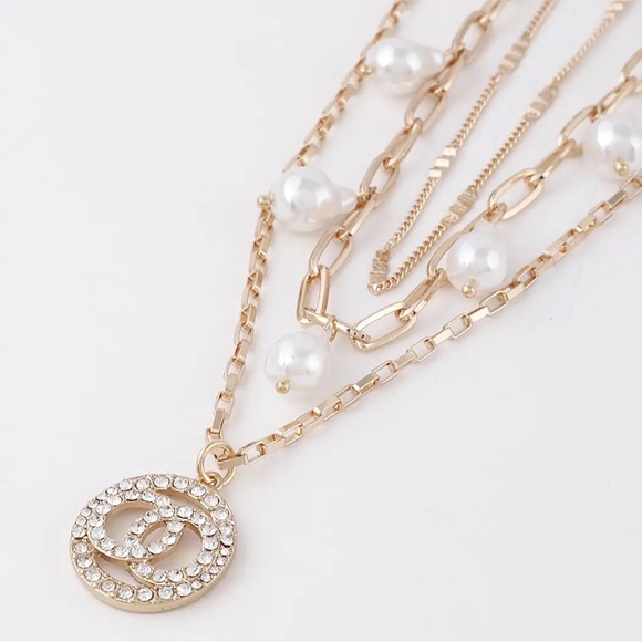 Gold and White Layered Necklace Set with Pearl Accents - Picture 3 of 3